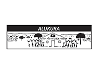 Black and white illustration of the Alukura building with people outside.