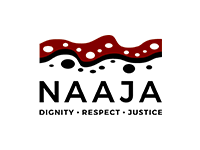 Logo for NAAJA: red/white/black abstract design above the text