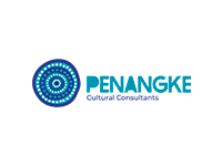Logo for Penangke Cultural Consultants: Blue and white dot art circle, with teal text