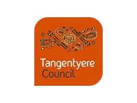 Logo of Tangentyere Council: Orange square with Aboriginal art and white text.