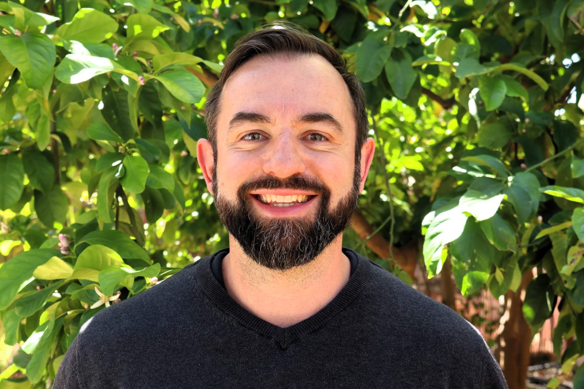 Man with beard smiling outdoors, in front of leafy green tree, wearing dark gray sweater.
