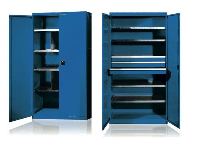 due foto di armadio polifunzionale in metallo blu con cassetti