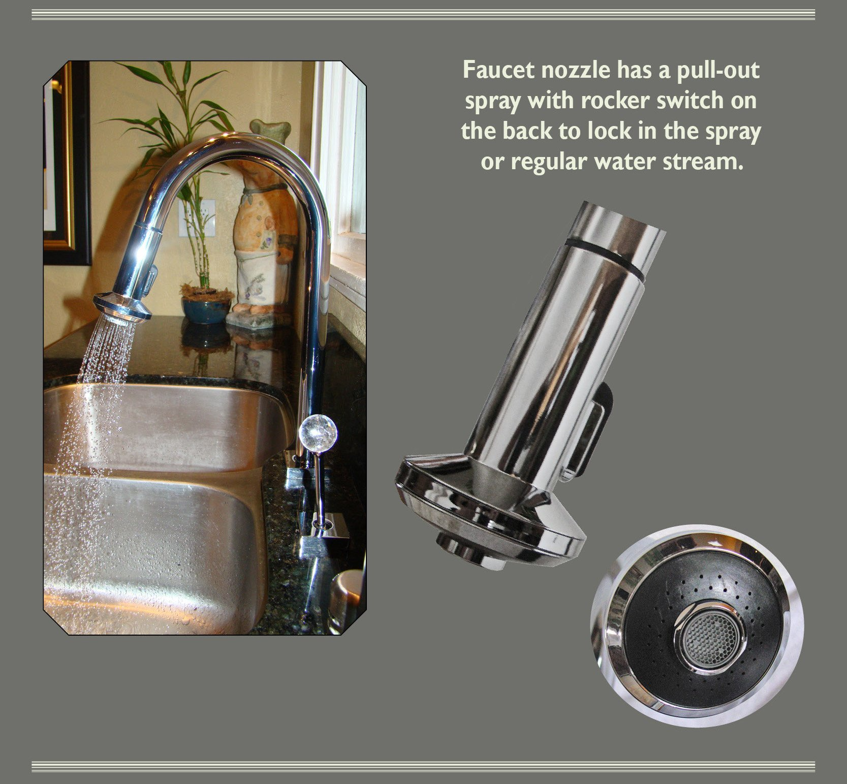 Myterra Gemstone Hardware Arched Faucet allows water to flow in a stream or a spray