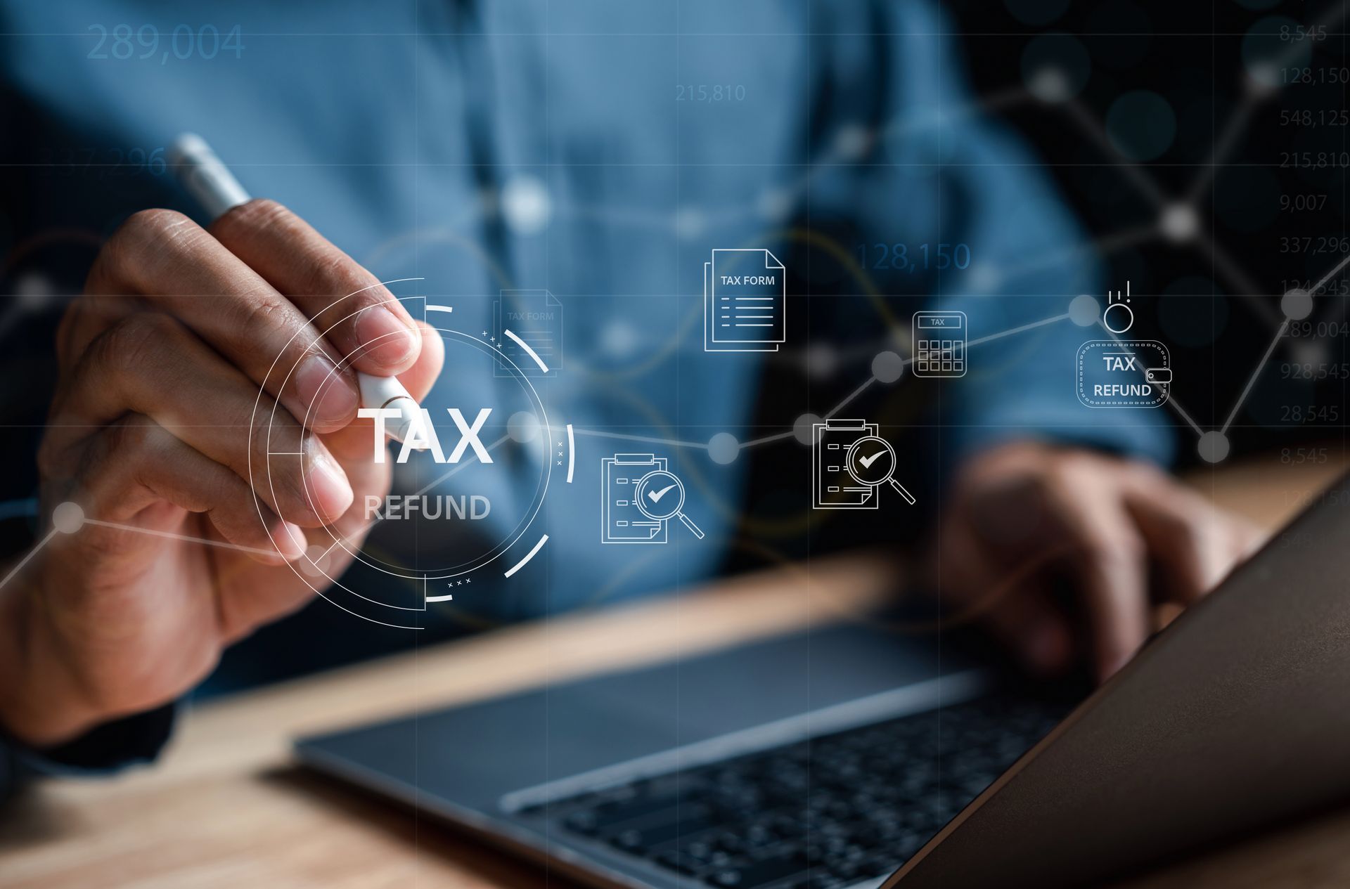 Laptop and digital graphics showing tax savings from a property tax law firm. Laptop and digital graphics showing tax savings from a property tax law firm.