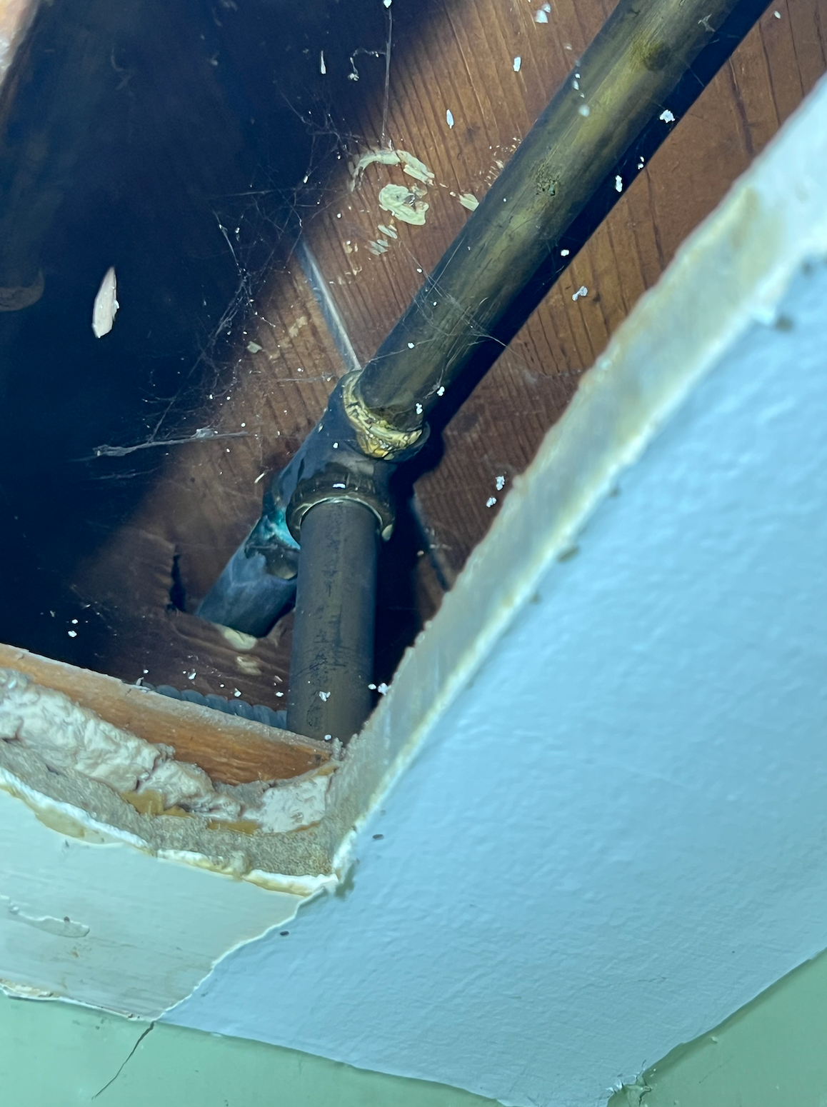 Copper pipes emerging from a hole in the wall. One pipe has corrosion and is connected to another