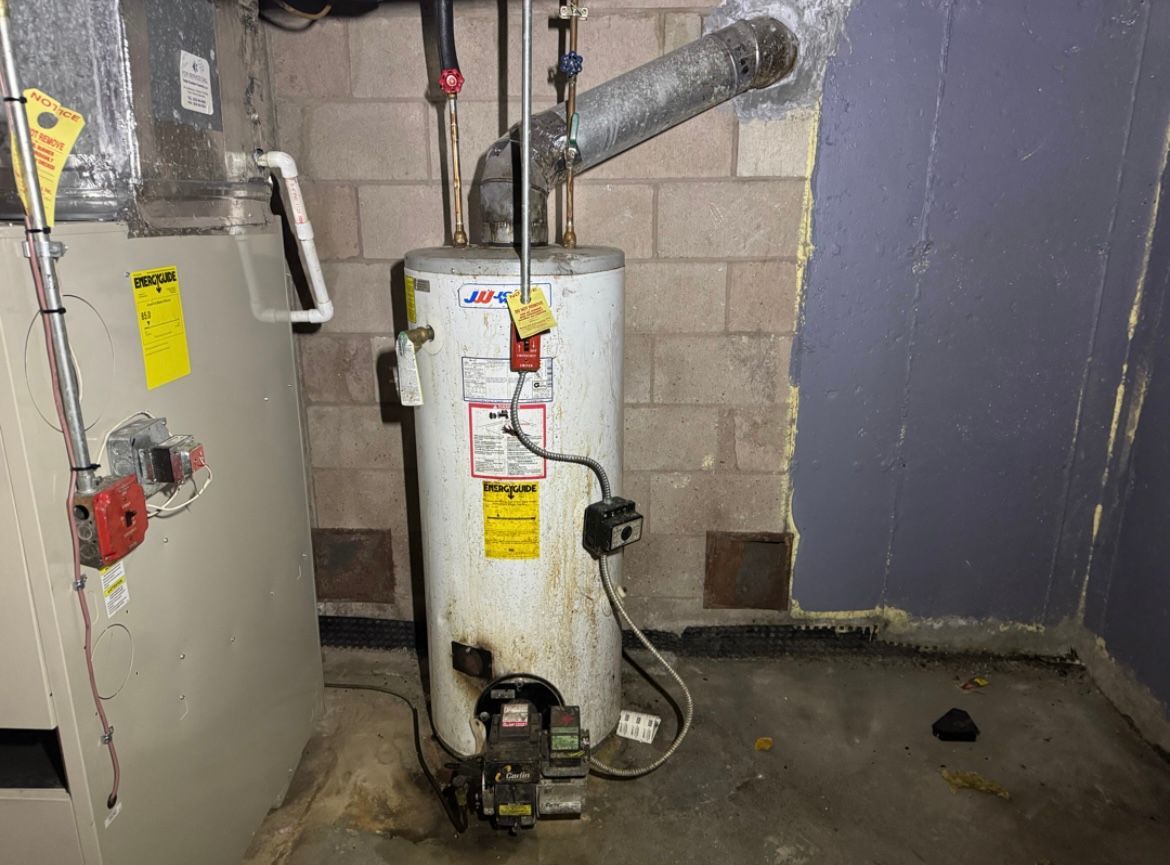 Water heater and furnace in a basement setting. The heater is cylindrical and white, with connected pipes.