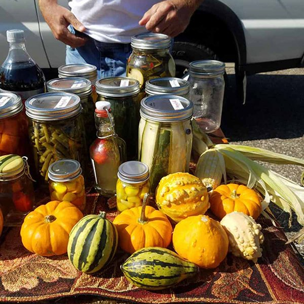 variety of gourds and canned food items