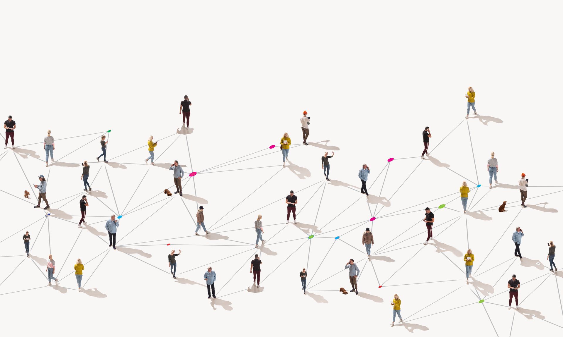 Ariel view of people connected by lines of communication and networks.