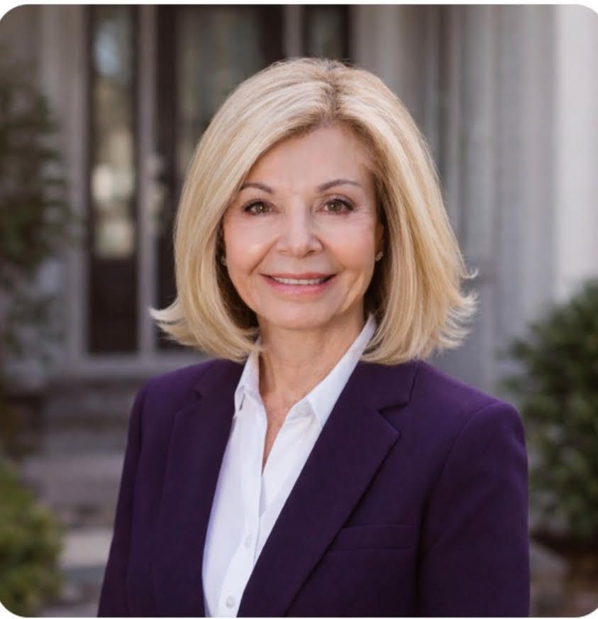 Woman with blonde hair smiling, wearing a dark purple top and a necklace; background is a graduated blue.