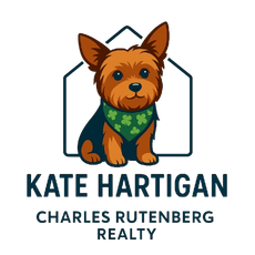 Logo: Yorkshire Terrier in a house outline, wearing a green shamrock bandana; "Kate Hartigan, Realtor."