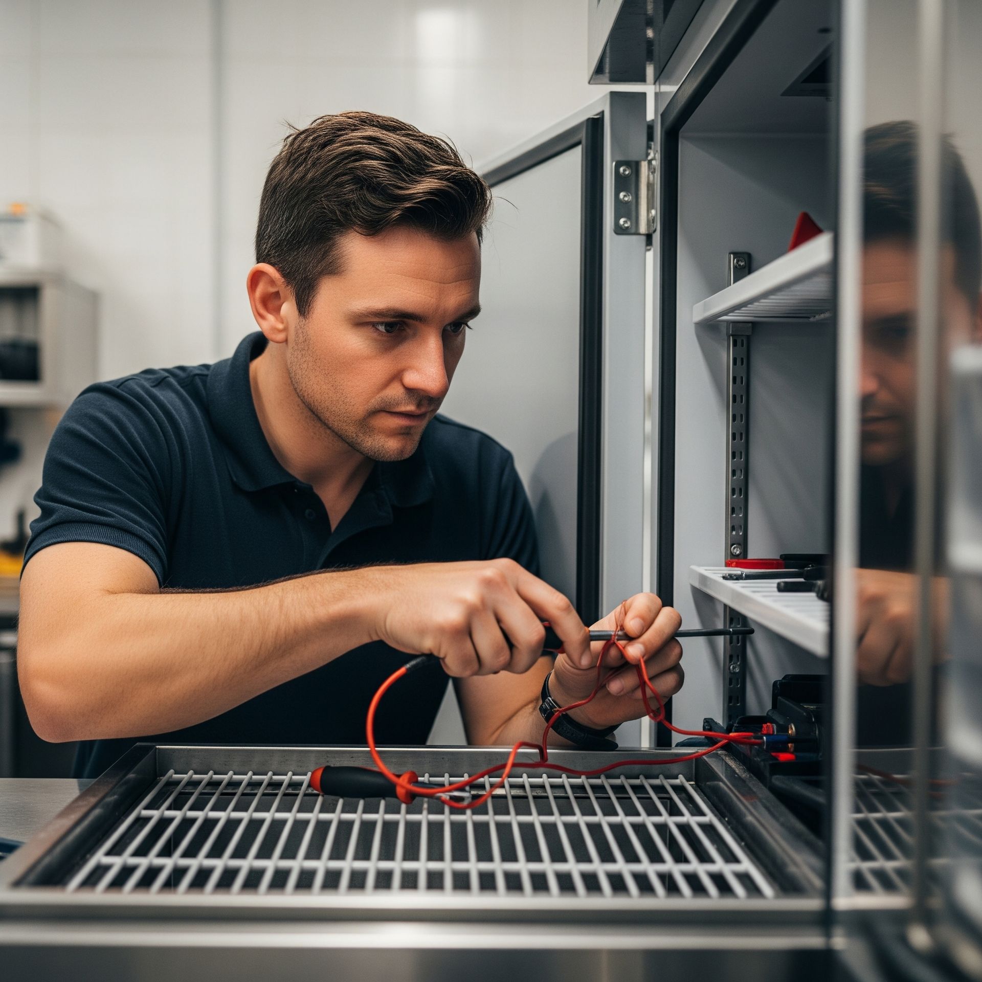 A man is working on a machine with a screwdriver