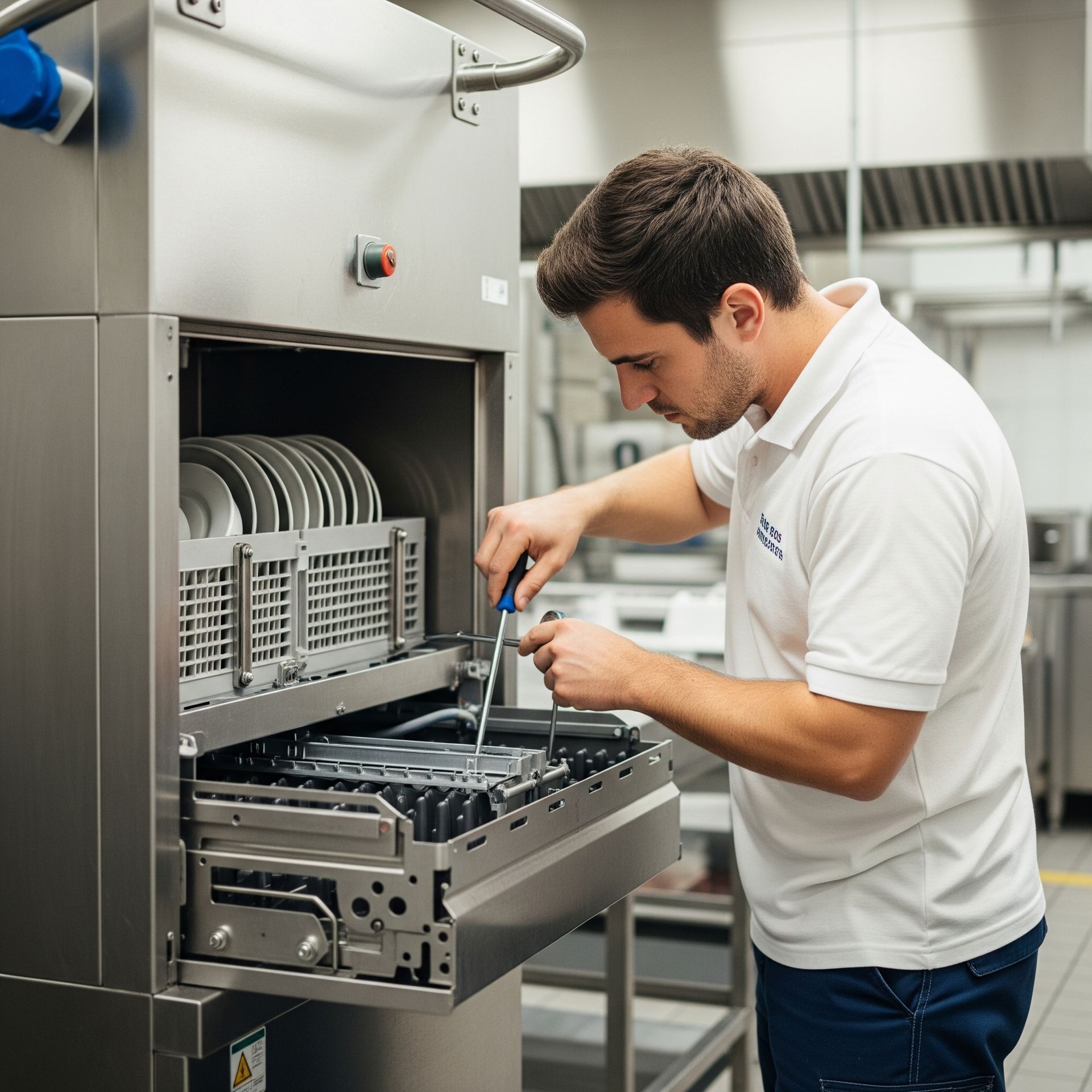 A man is working on a dishwasher in a kitchen
