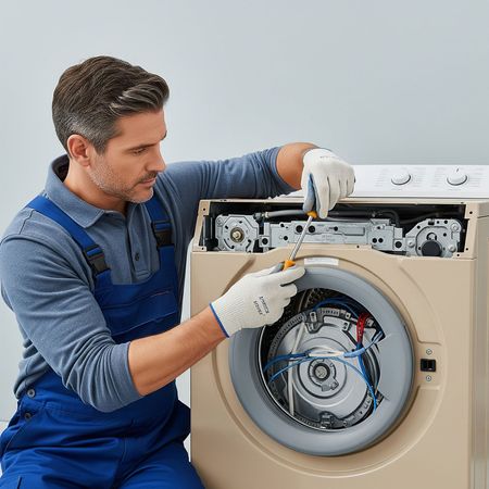 A man is fixing a washing machine with a screwdriver.