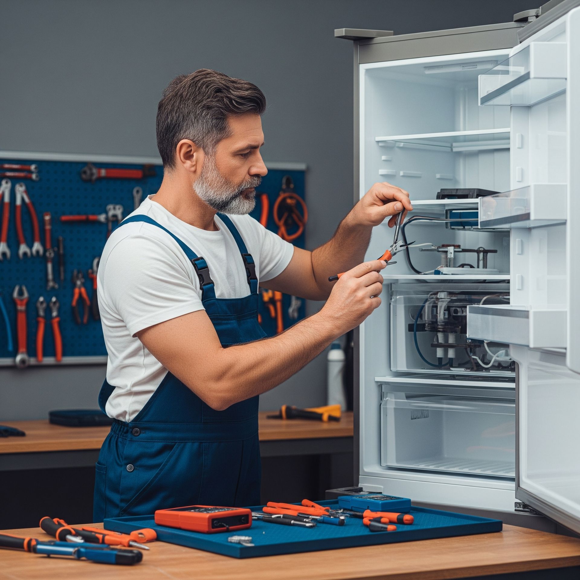 A man is fixing a refrigerator in a workshop.