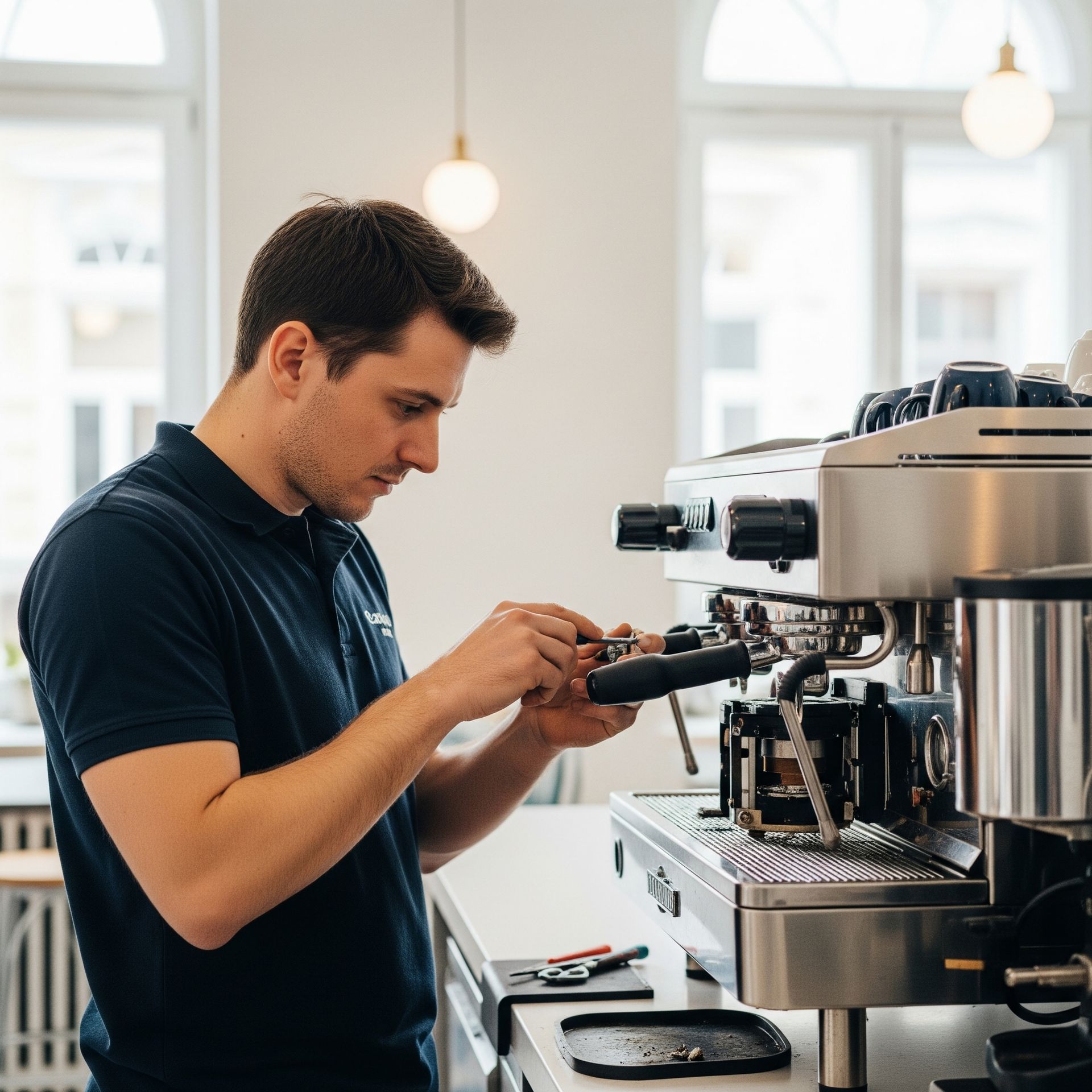 A man is working on a coffee machine in a kitchen