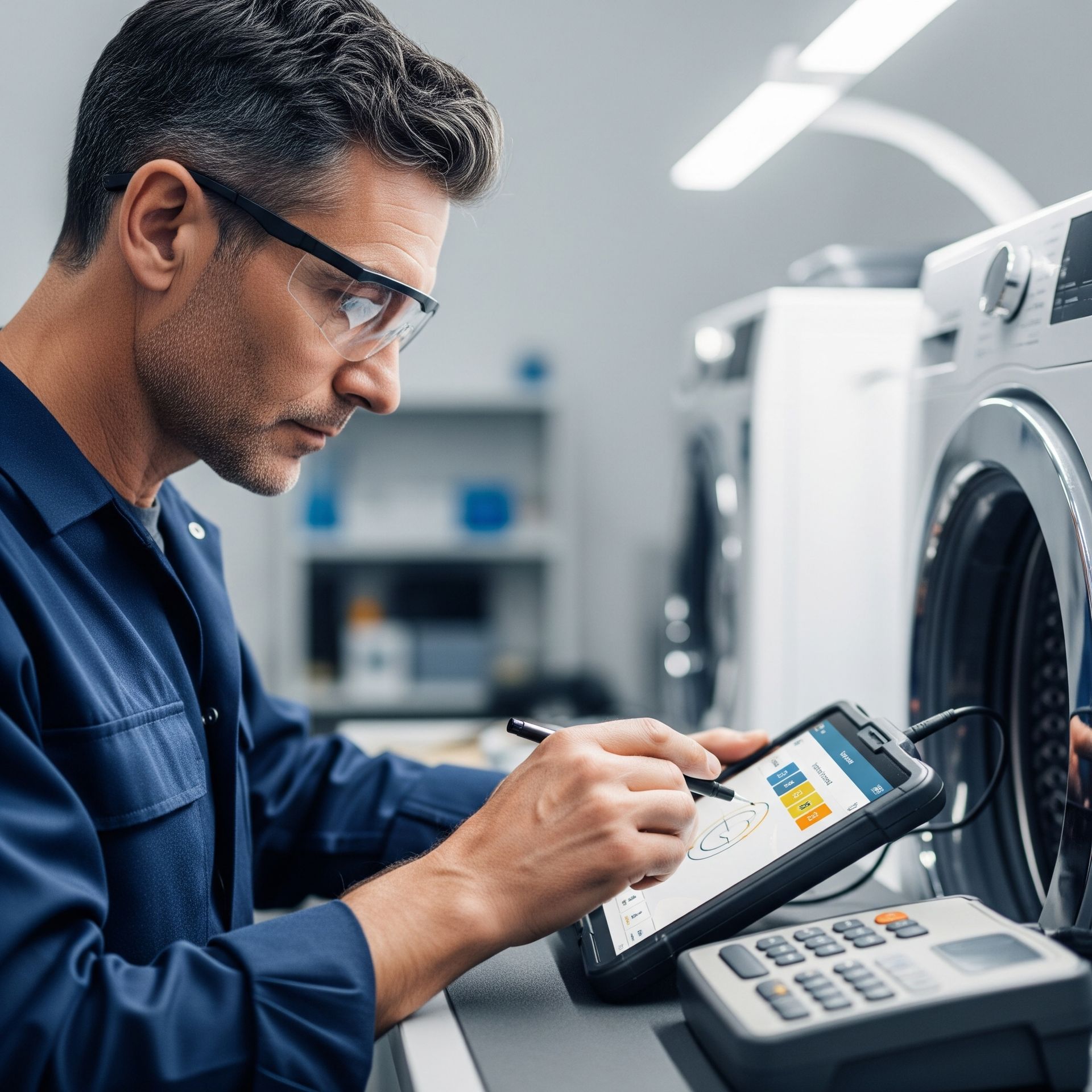A man is using a tablet in front of a washing machine.