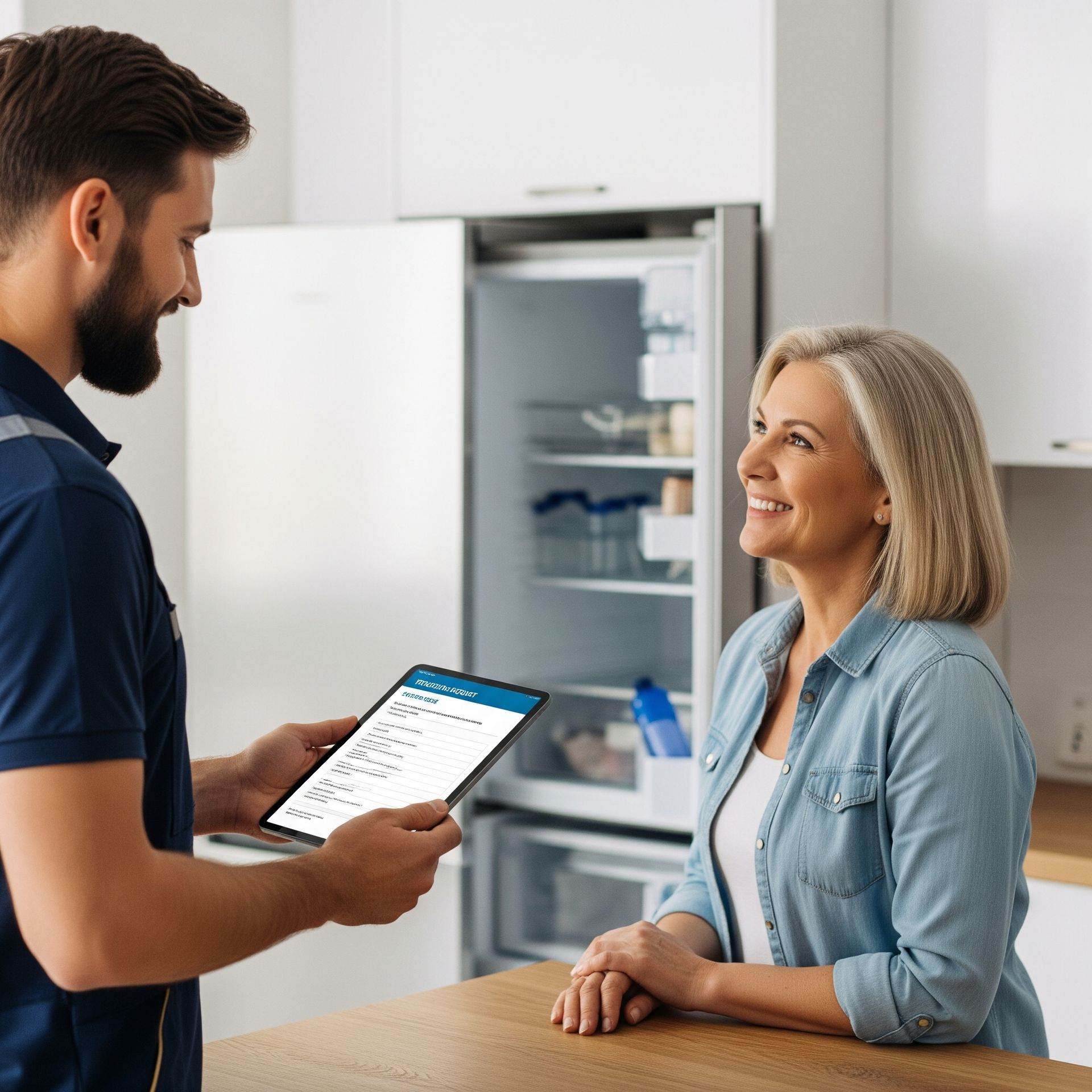 A man is holding a tablet in front of a woman in a kitchen.