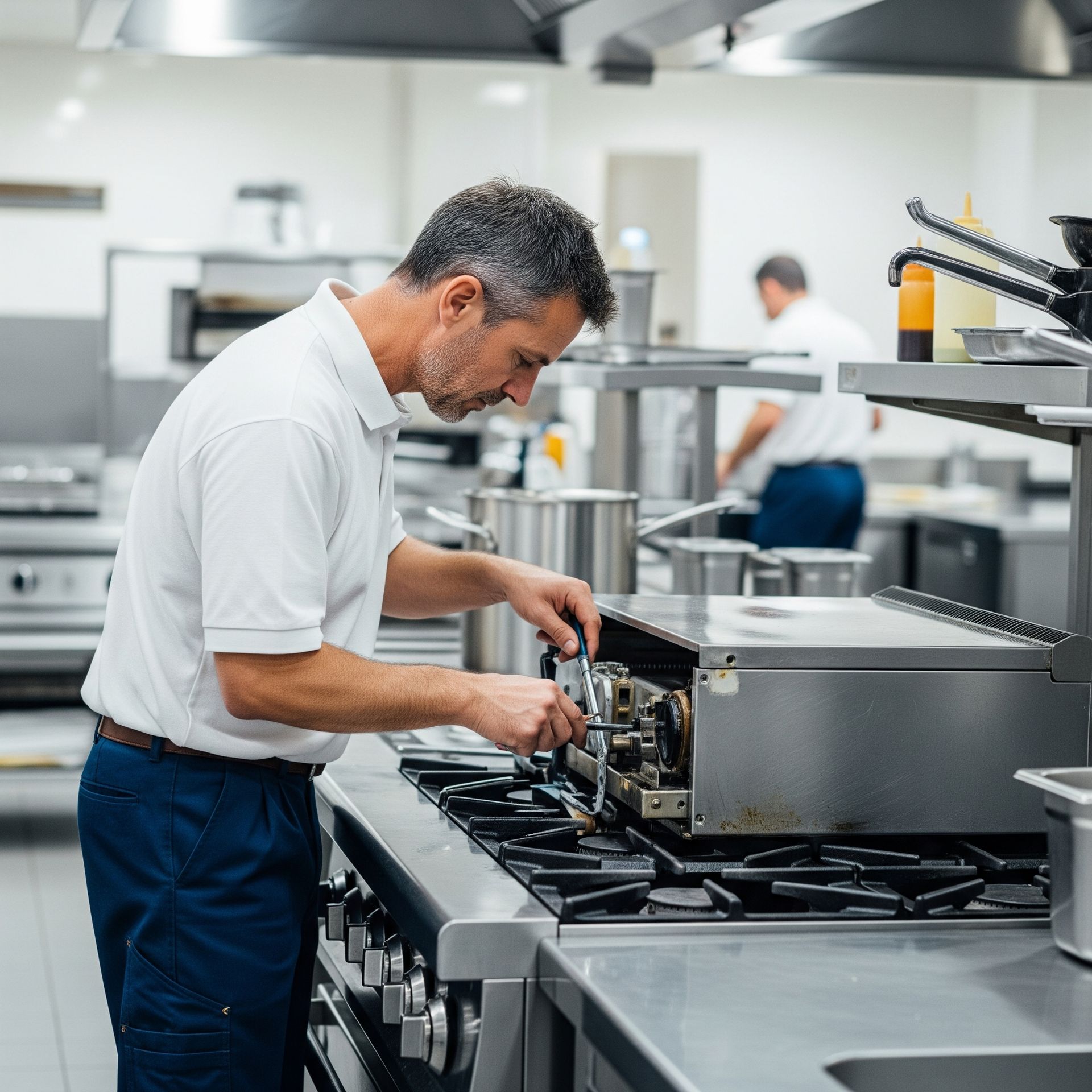 A man is working on a stove in a kitchen