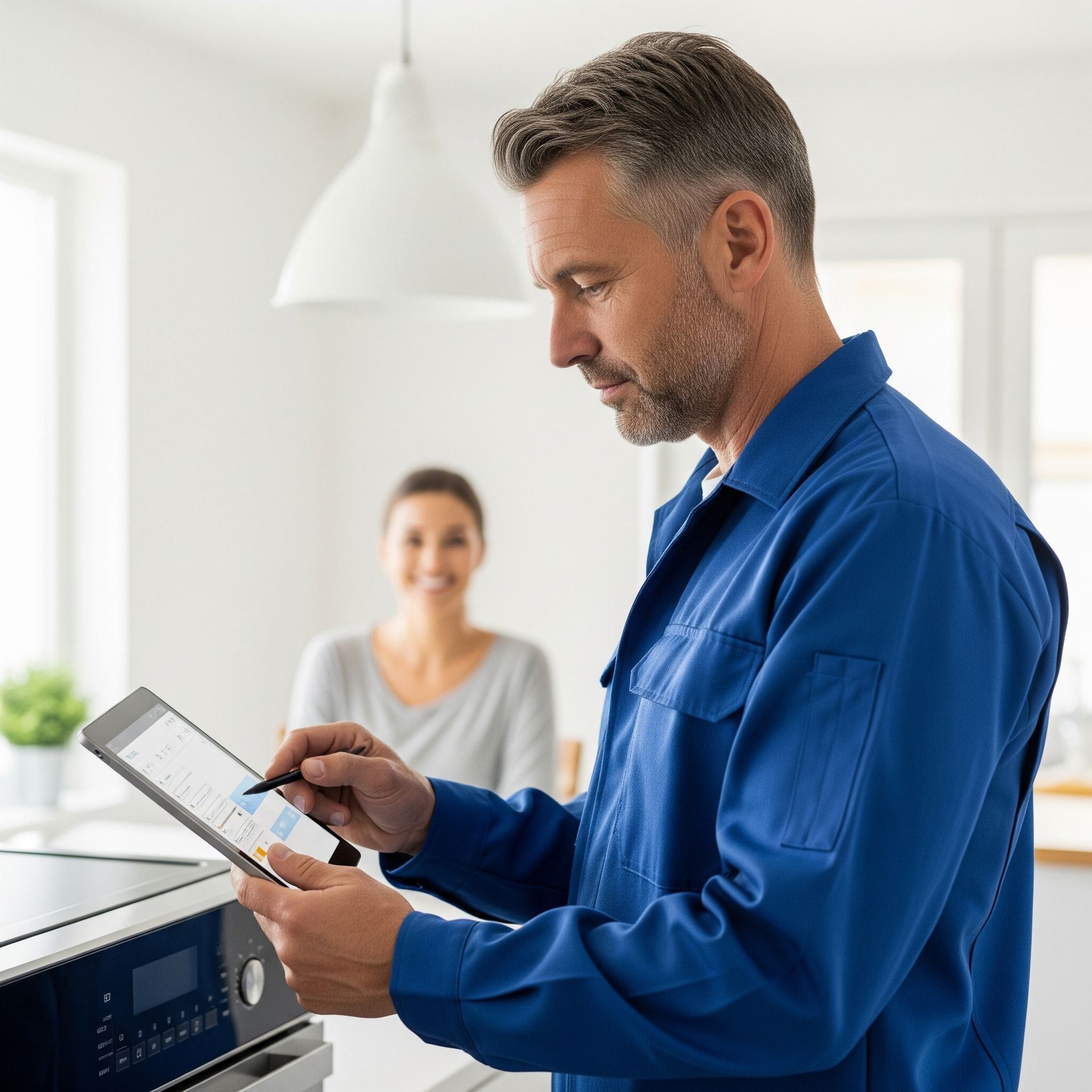 A man in a blue shirt is using a tablet