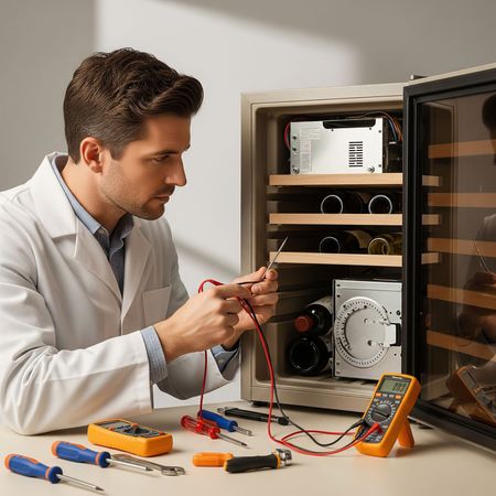 A man in a lab coat is working on a wine cooler