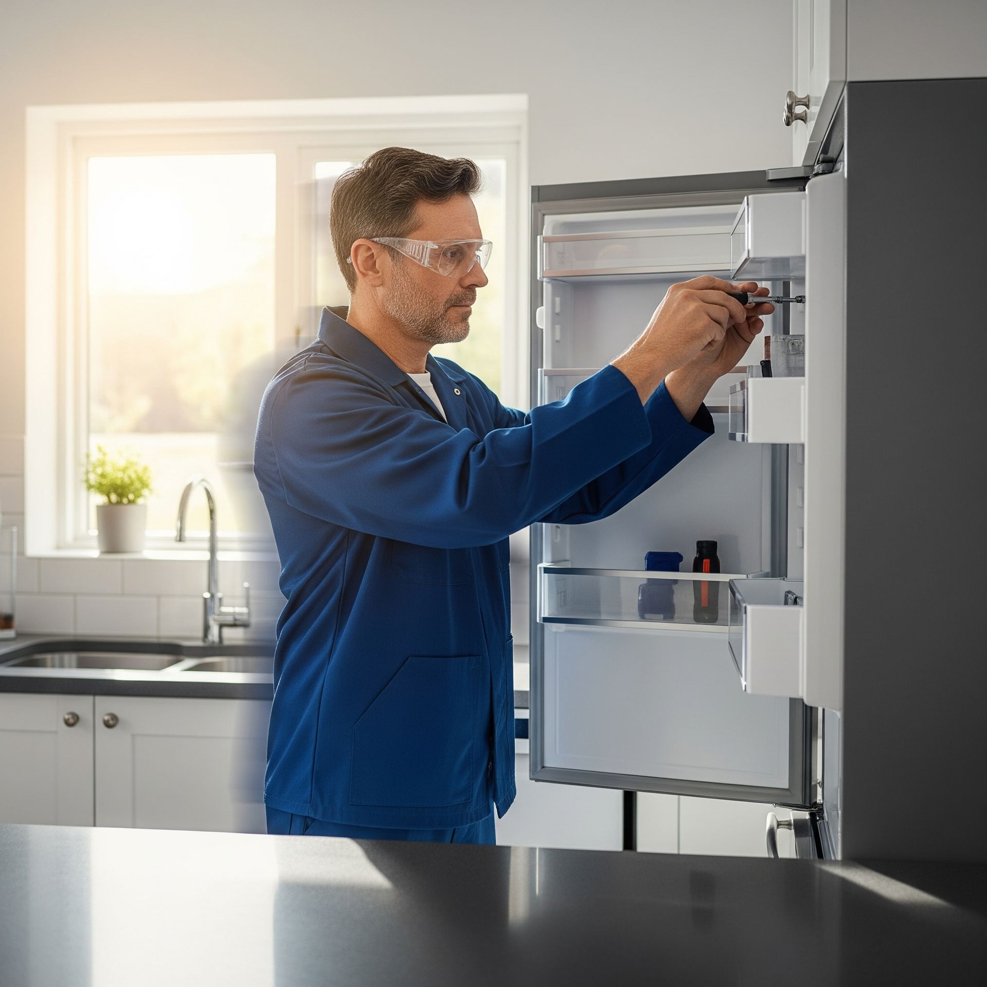 A man is working on a refrigerator in a kitchen.