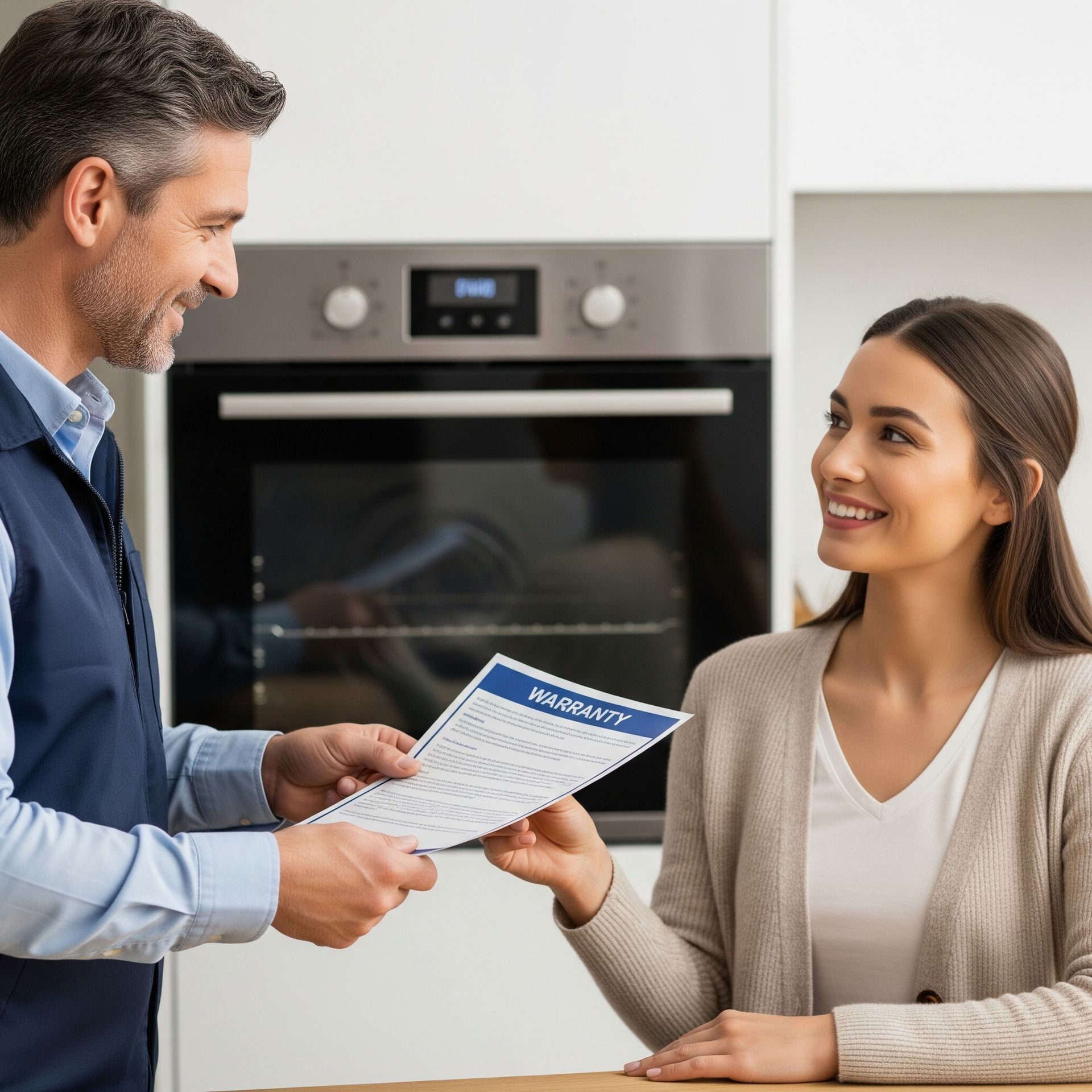 A man is giving a woman a piece of paper in front of an oven.