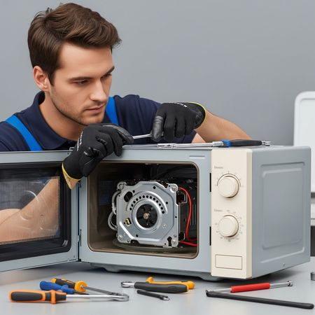 A man is fixing a microwave with a screwdriver.