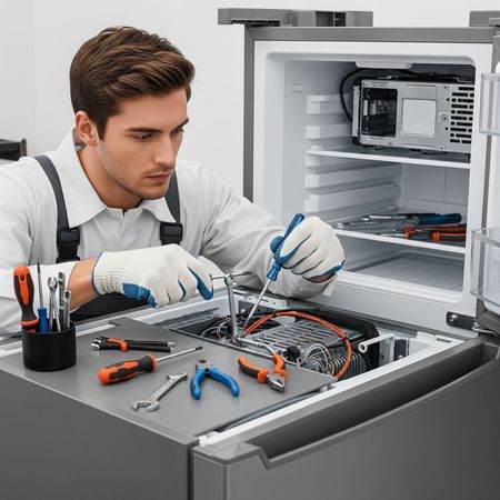 A man is fixing a refrigerator with a screwdriver and pliers.