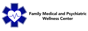 Logo for Family Medical and Psychiatric Wellness Center featuring a blue Star of Life symbol with a heart and heartbeat line.