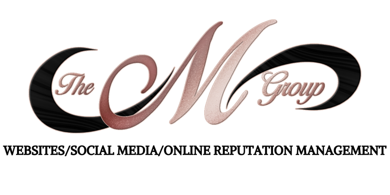 Logo for The M Group featuring an infinity-shaped design in black and rose gold, with services listed below.