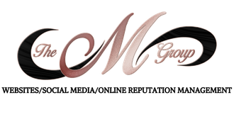 Logo for The M Group featuring an infinity-shaped design in black and rose gold, with services listed below.