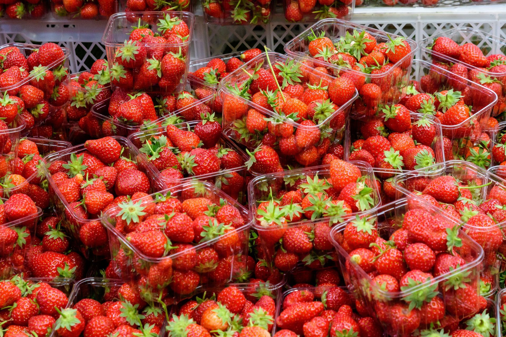 Fresh strawberries in plastic containers, displayed at a market stall, vibrant red with green leaves.
