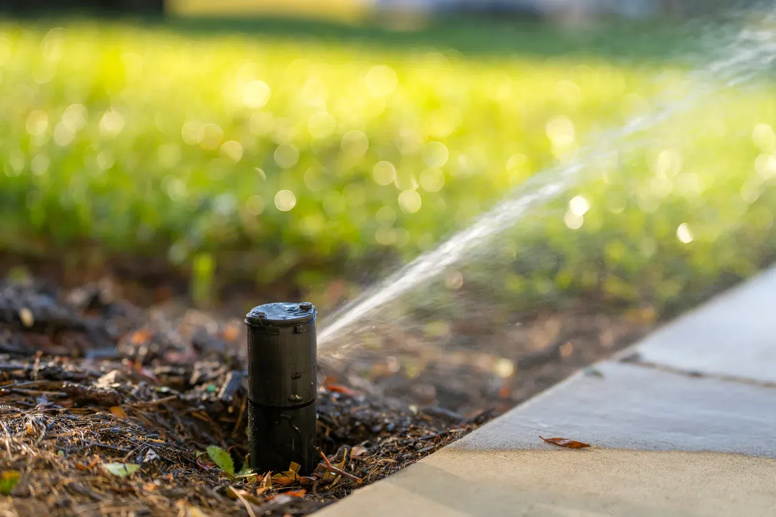 A black lawn sprinkler head in mulch spraying water onto green grass beside a concrete walkway.