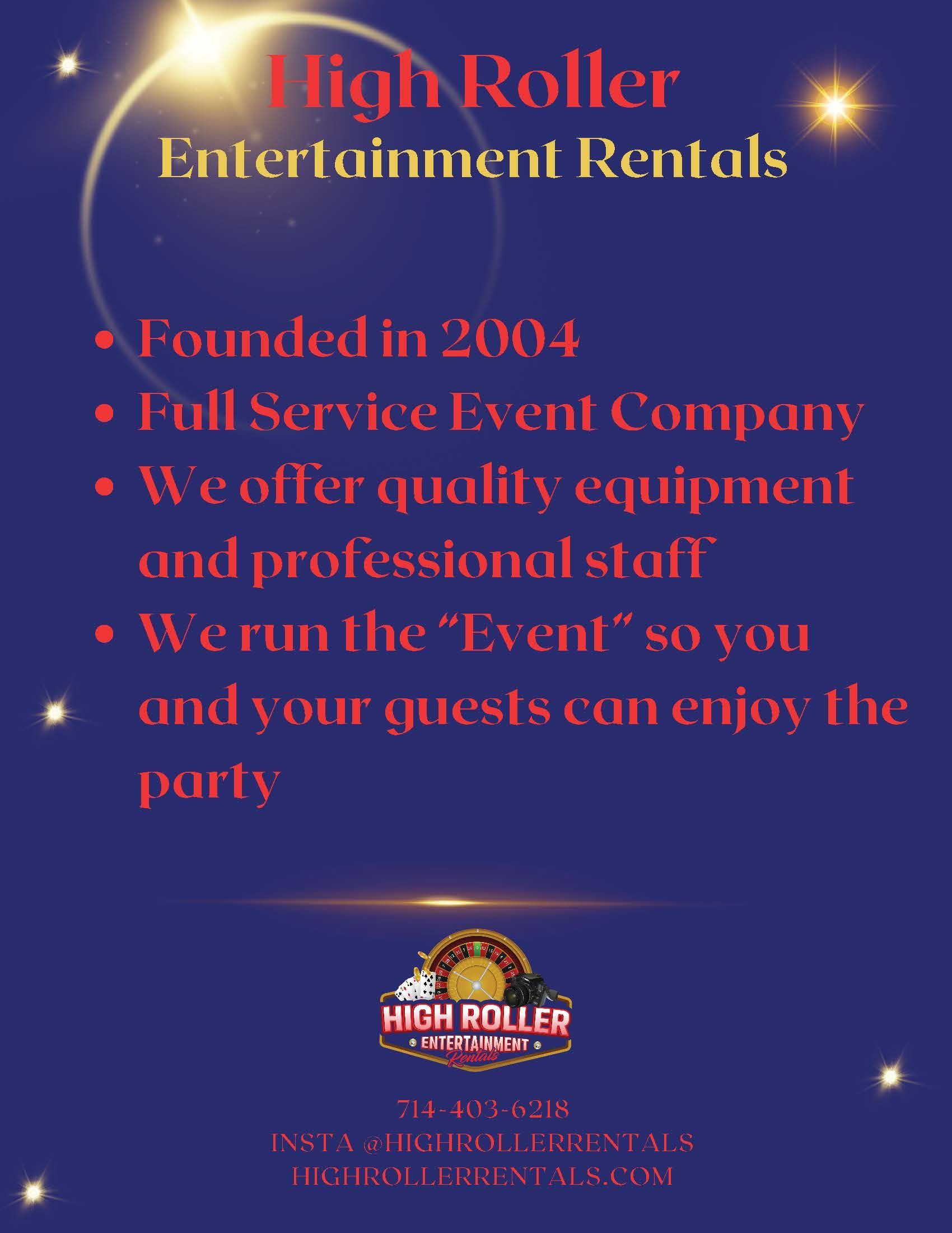 High Roller Entertainment Rentals flyer with gold stars on a blue background and event-service bullet points