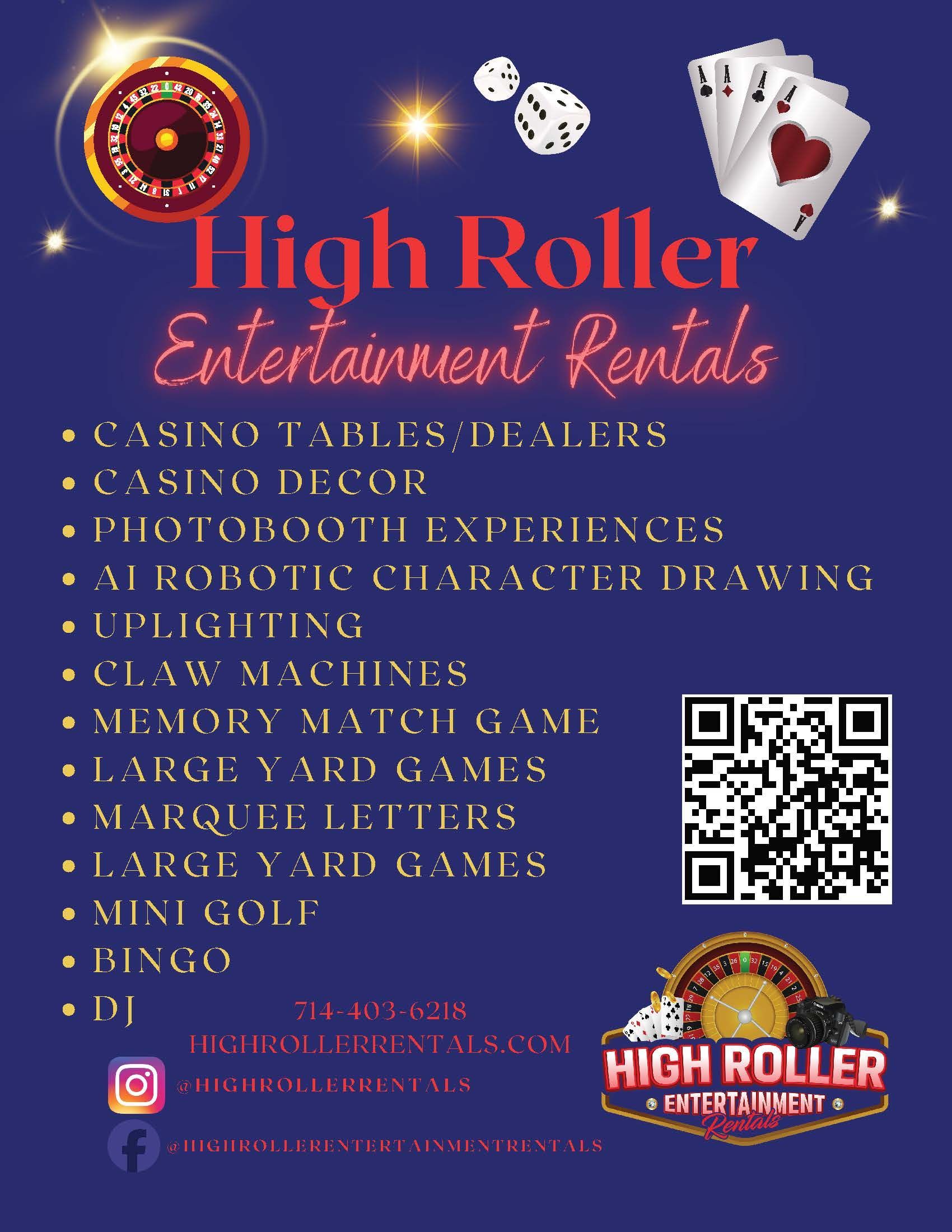 High Roller Entertainment Rentals flyer with casino games, photo booth, karaoke, sound, lighting, and yard games.