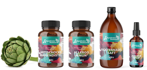 Artischocken-Nahrungsergänzungsmittel-Sortiment: Glasflaschen, Braunglasflaschen und Tropfflaschen mit Artischockenmotiven