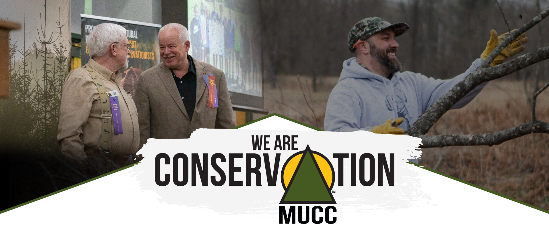 A man is cutting a tree branch in front of a sign that says we are conservation mucc