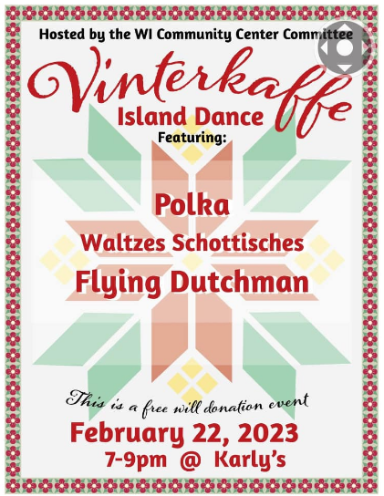 A poster for winterkaffe island dance featuring polka waltzes schottisches and flying dutchman