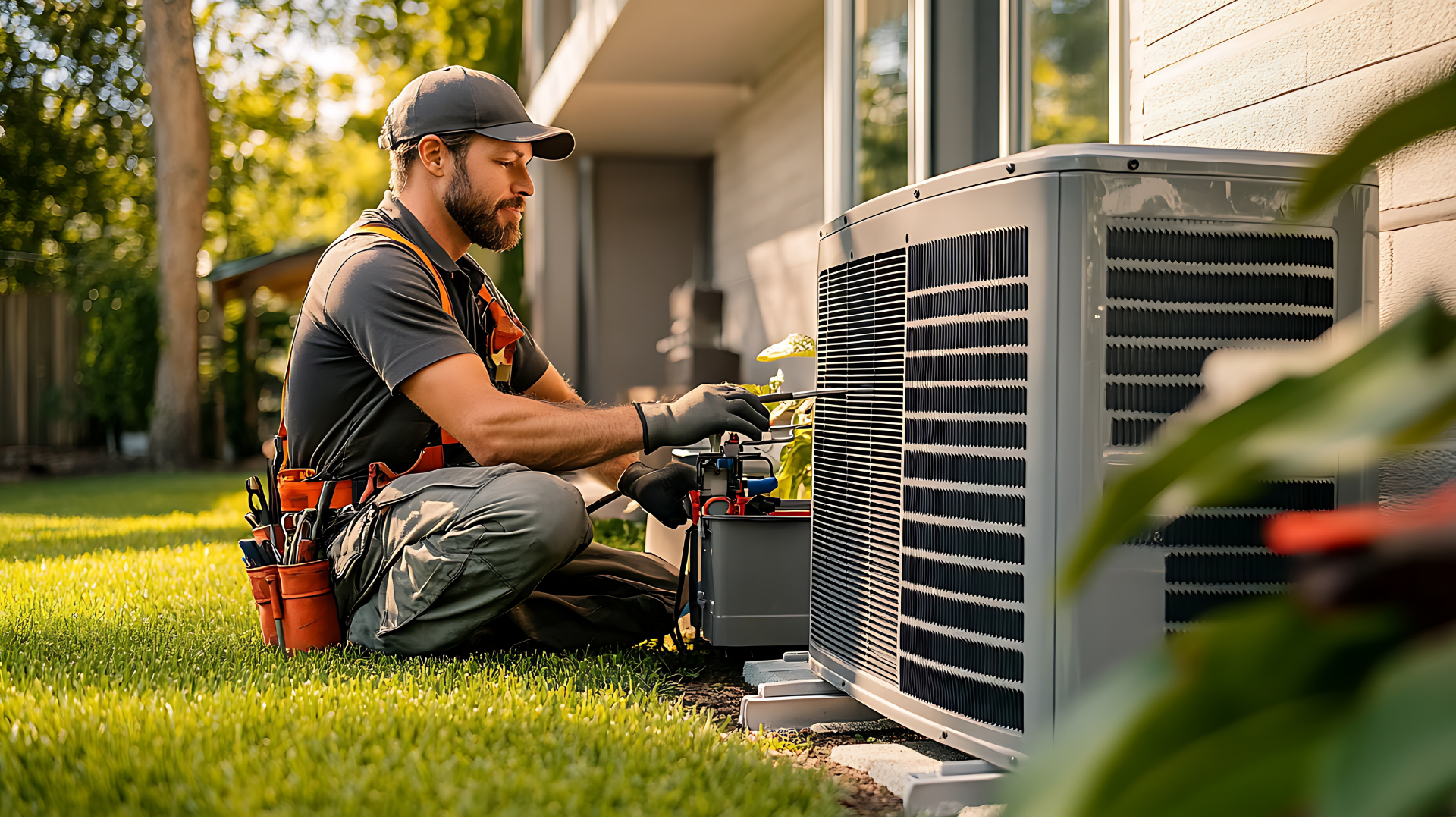 HVAC technician in cap kneels, servicing an AC unit in a yard.
