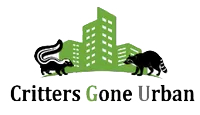 Logo: Skunk and raccoon flanking a green city skyline; 