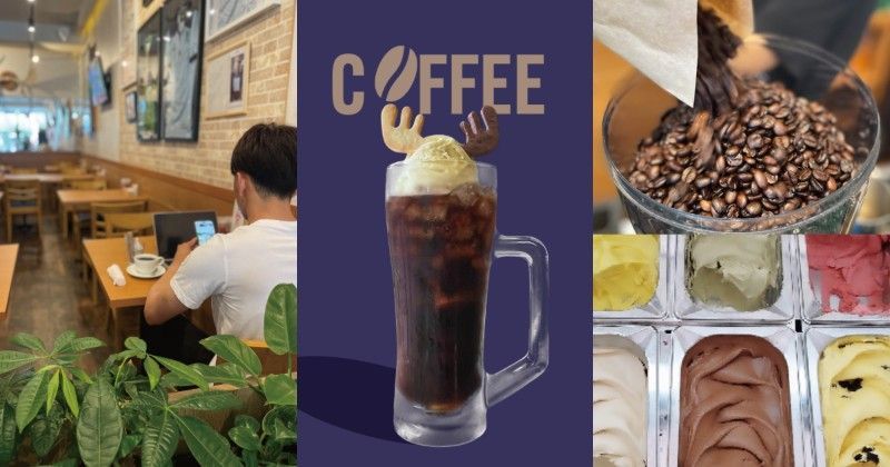 コーヒーショップのシーン、ホイップクリームの入ったドリンク、コーヒー豆、ジェラート。