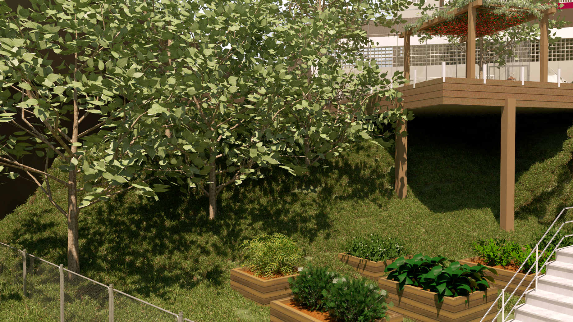 Paisagismo exuberante e verdejante com canteiros em níveis, um deck com pérgola e uma escadaria.