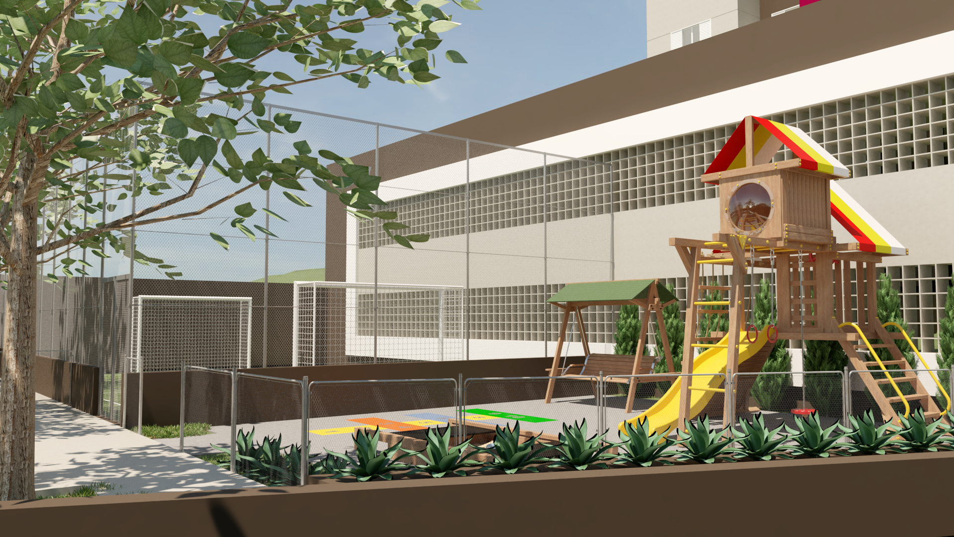 Parque infantil com escorregador, balanços e gol de futebol perto de um prédio.