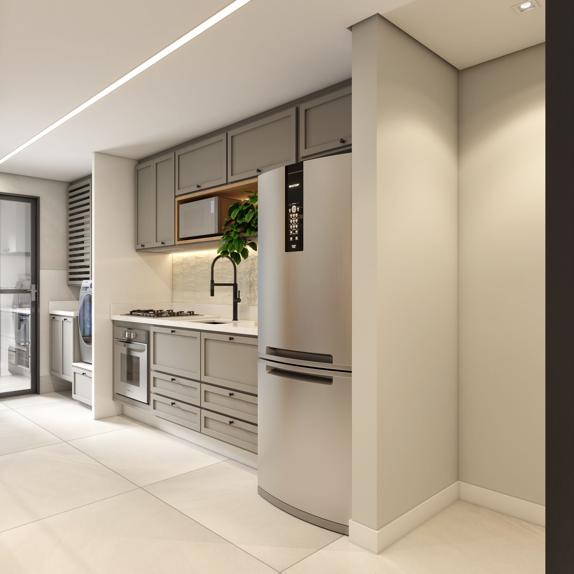 Cozinha moderna com armários cinza, geladeira de aço inoxidável e piso de azulejo branco.