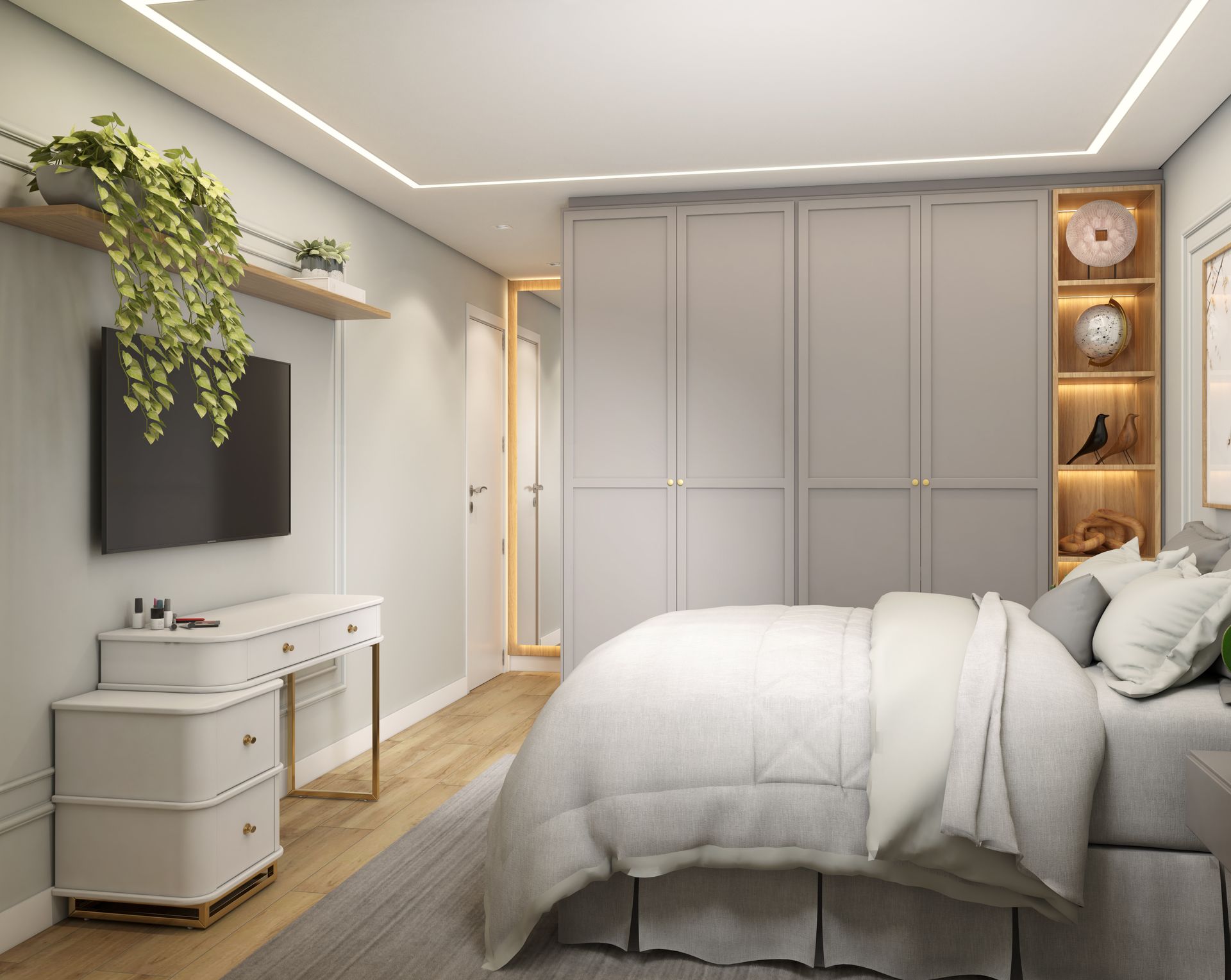 Quarto com guarda-roupa cinza, cama branca e piso de madeira. TV e plantas na parede.