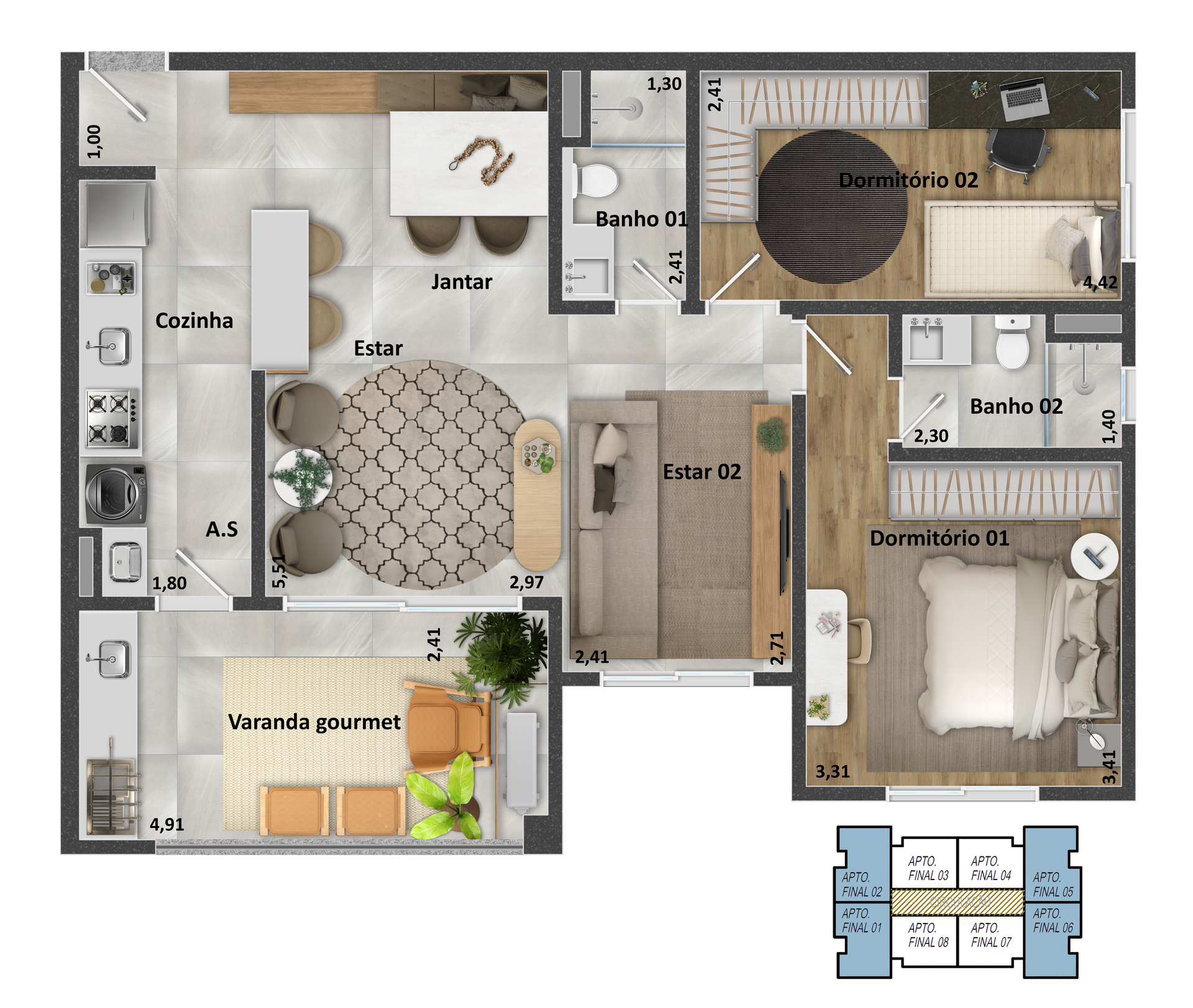 Planta baixa de um apartamento com cozinha, sala de estar, varanda, dois quartos e dois banheiros.