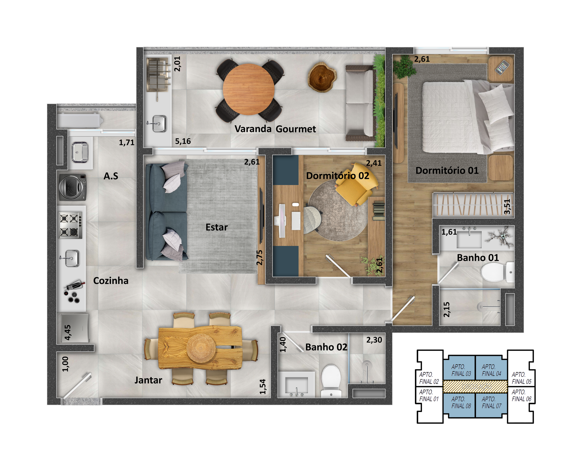 Planta baixa de um apartamento, mostrando cômodos como quarto, sala de estar e cozinha.