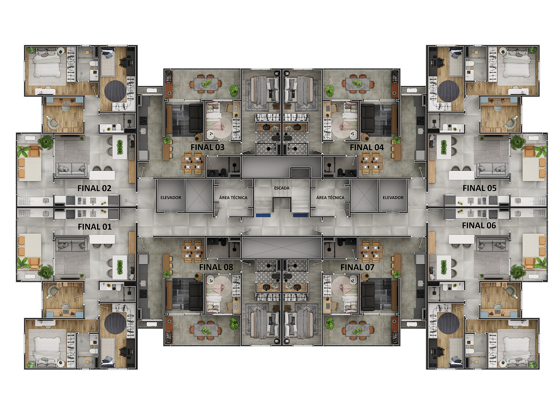 Planta baixa de um edifício residencial com várias unidades; cada unidade possui sala de estar, quartos e banheiros.