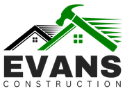 Logo for Evans Construction: black and green house roofs with a hammer, and the business name.