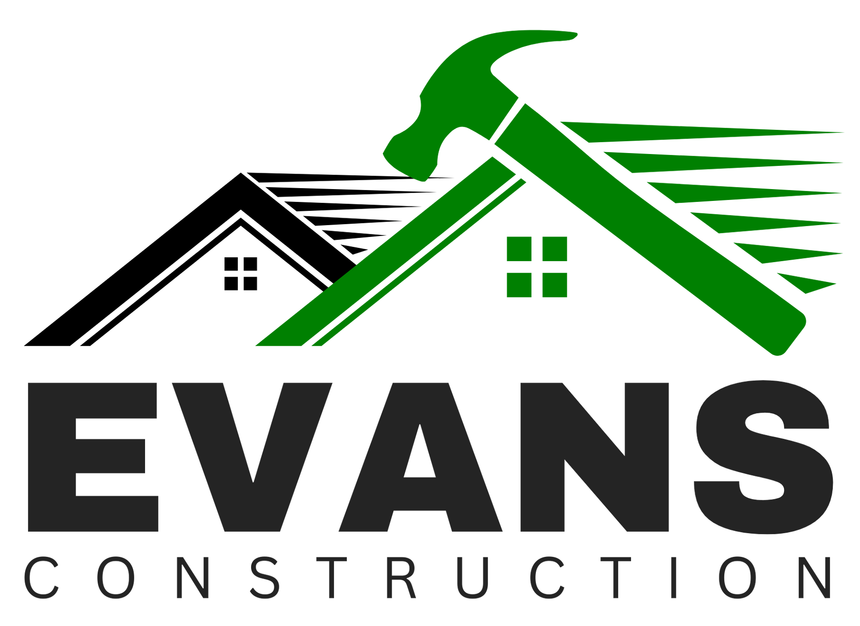 Logo for Evans Construction: black and green house roofs with a hammer, and the business name.